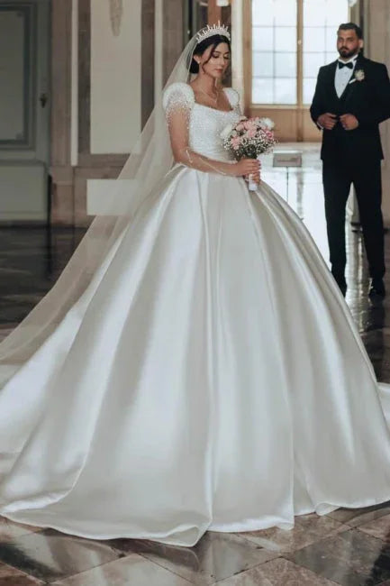 Vintage Long  A-line Square Neck Satin Glitter Wedding Dress with Long Sleeves