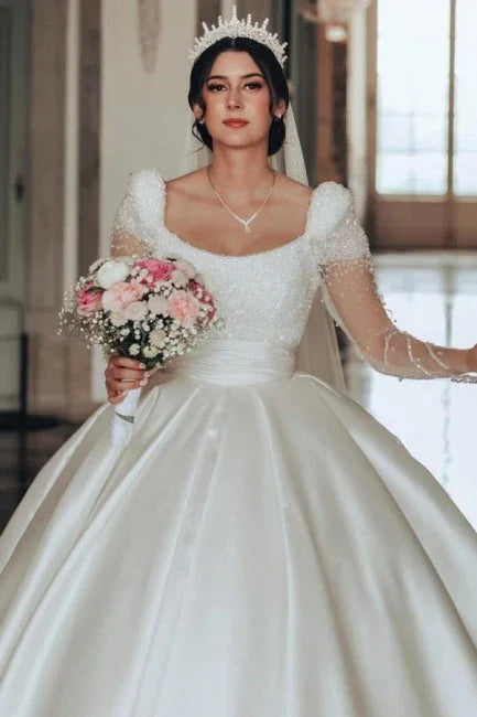 Vintage Long  A-line Square Neck Satin Glitter Wedding Dress with Long Sleeves