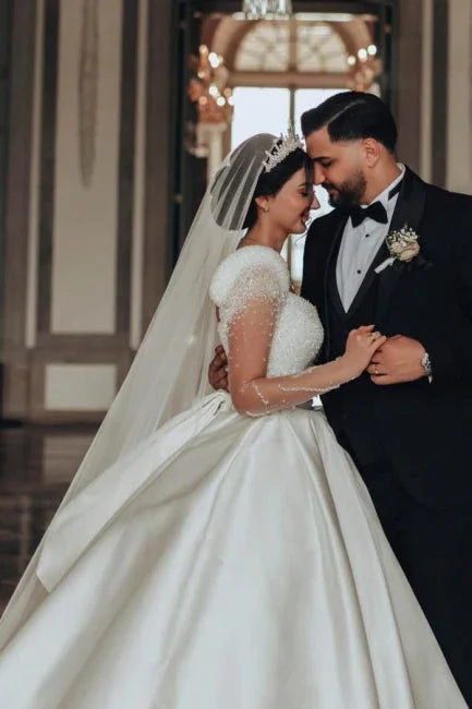 Vintage Long  A-line Square Neck Satin Glitter Wedding Dress with Long Sleeves