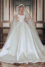 Vintage Long  A-line Square Neck Satin Glitter Wedding Dress with Long Sleeves