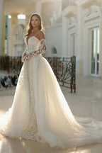 Vintage Long Mermaid Spaghetti Straps V-neck Lace Wedding Dress with Detachable Train