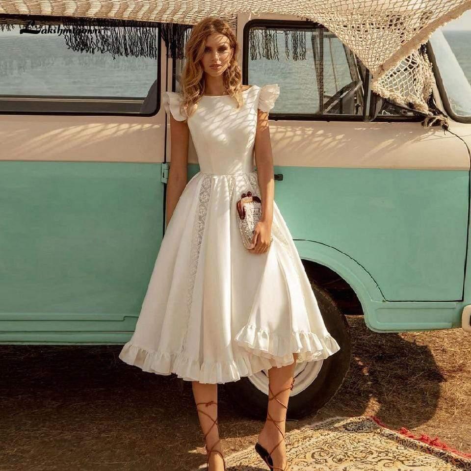 NumberSea Vintage Satin Wedding Dress Tea Length Summer Beach