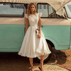 NumberSea Vintage Satin Wedding Dress Tea Length Summer Beach