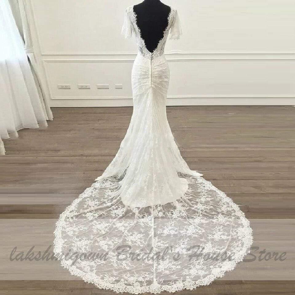NumberSea Vintage Short Sleeves Lace Wedding Dress Mermaid Style