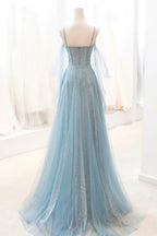 Sparkly Tulle Long Prom Dress, A-Line Spaghetti Strap Evening Dress