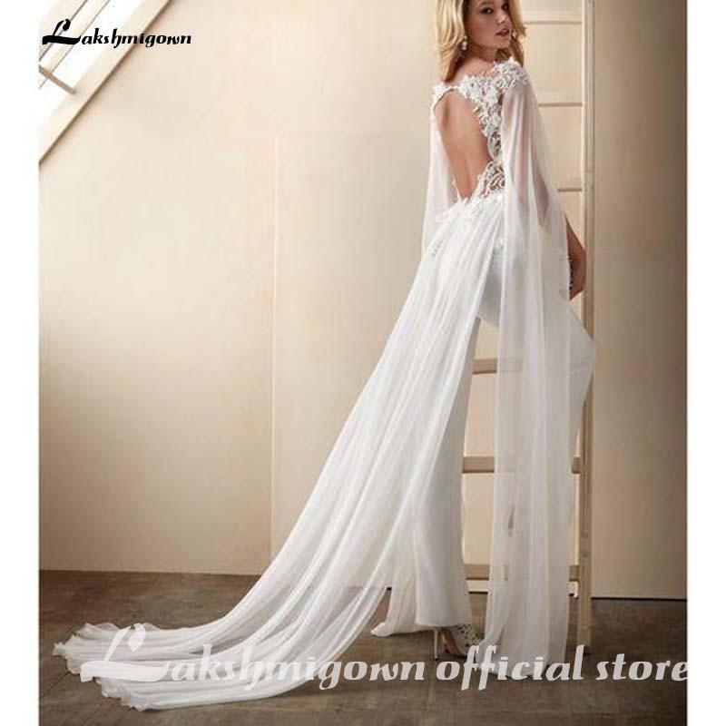 NumberSea Wedding Dress Jumpsuits With Wrap Floral Appliqued Short Sleeves