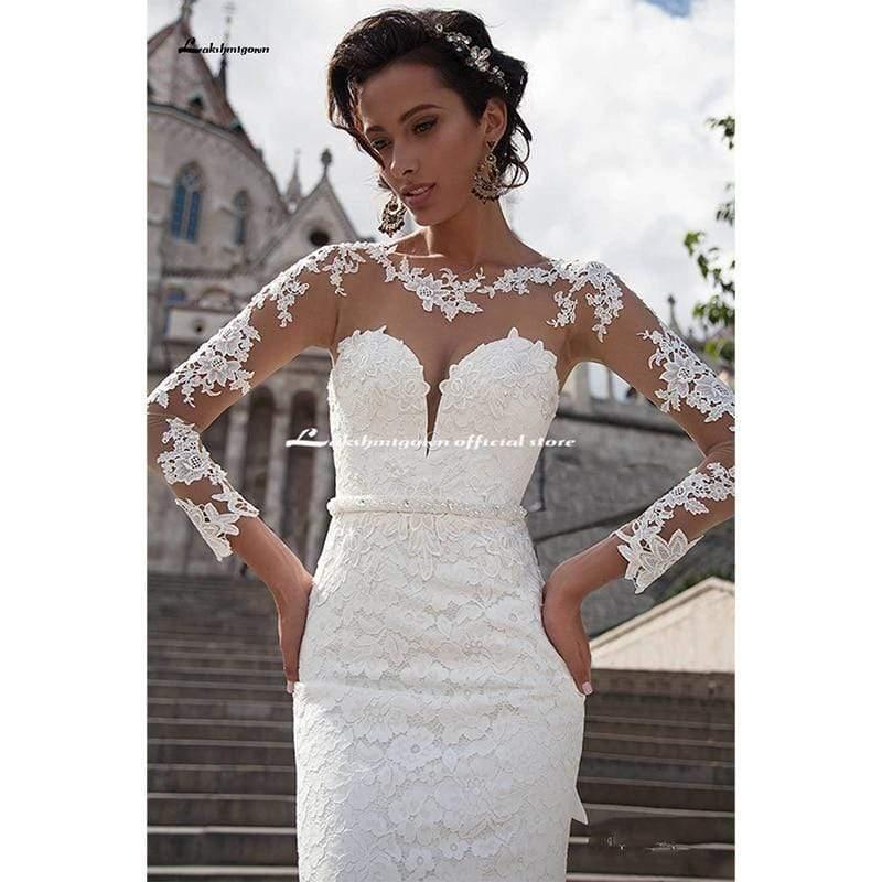 NumberSea Wedding Dresses White Shiny Long Sleeve V Neck