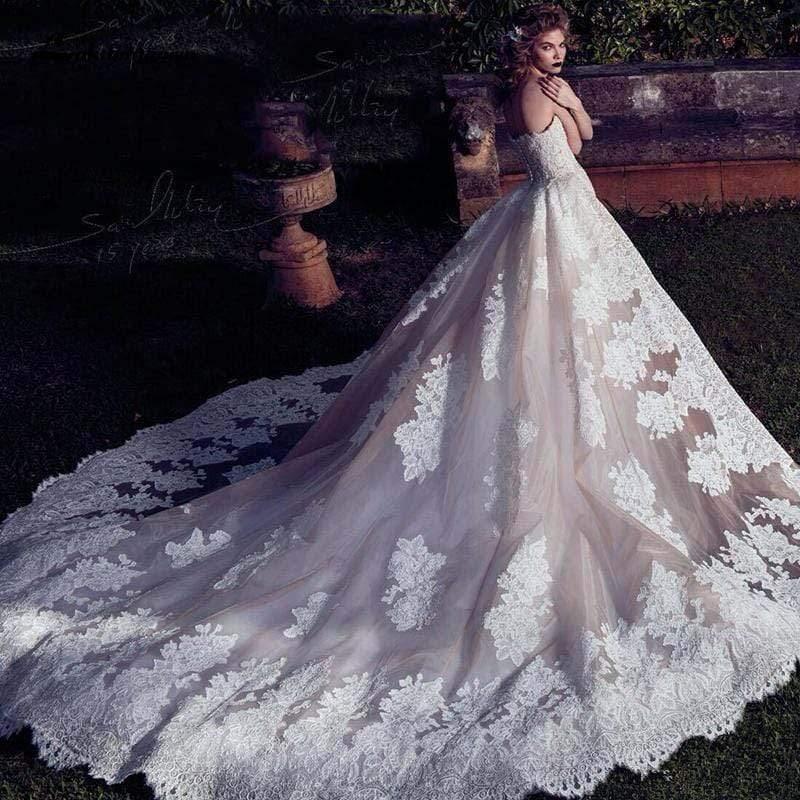 NumberSea Wedding Dresses With Detachable Train  Backless Lace Applique Bridal Gowns