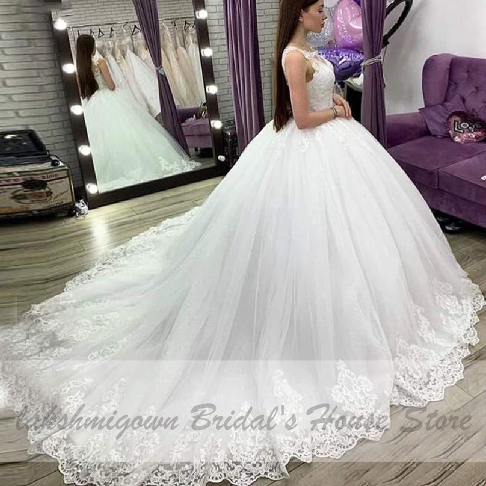 NumberSea White Bridal Ball Gown Wedding Dress Vintage Lace Appliques