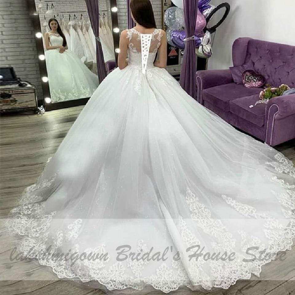 NumberSea White Bridal Ball Gown Wedding Dress Vintage Lace Appliques