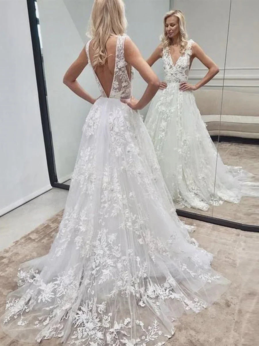 Long A Line V Neck Backless Tulle Lace Wedding Dresses