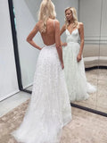 Long A-line V-neck Tulle Lace Backless Wedding Dresses