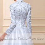 NumberSea White Muslim High Neck Wedding Dress Satin Long Sleeve