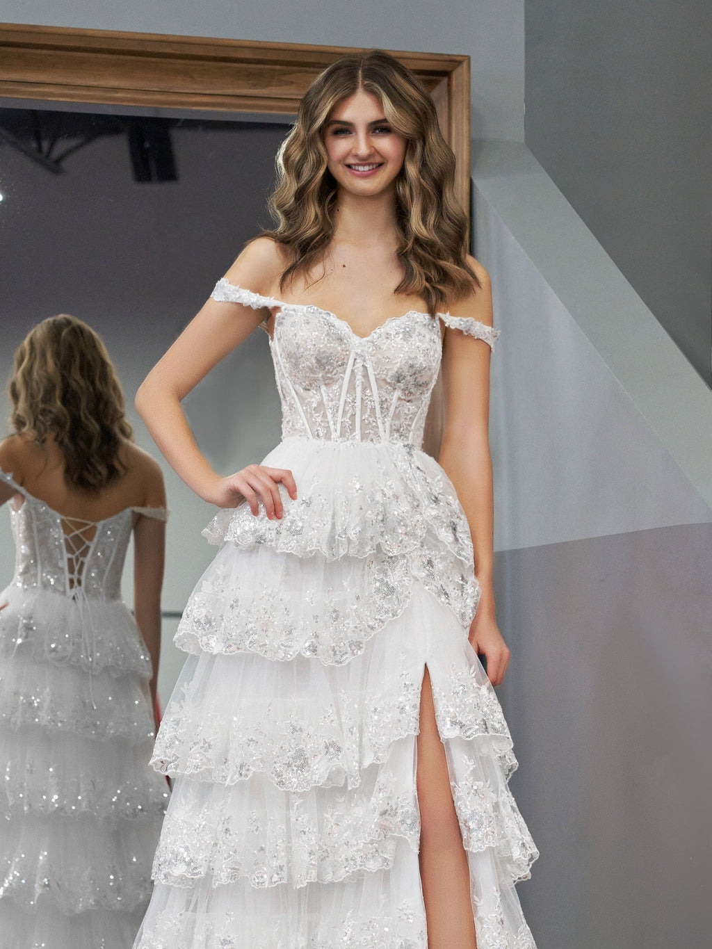 Princess A Line Off the Shoulder White Corset Prom Dress with Lace Ruffles