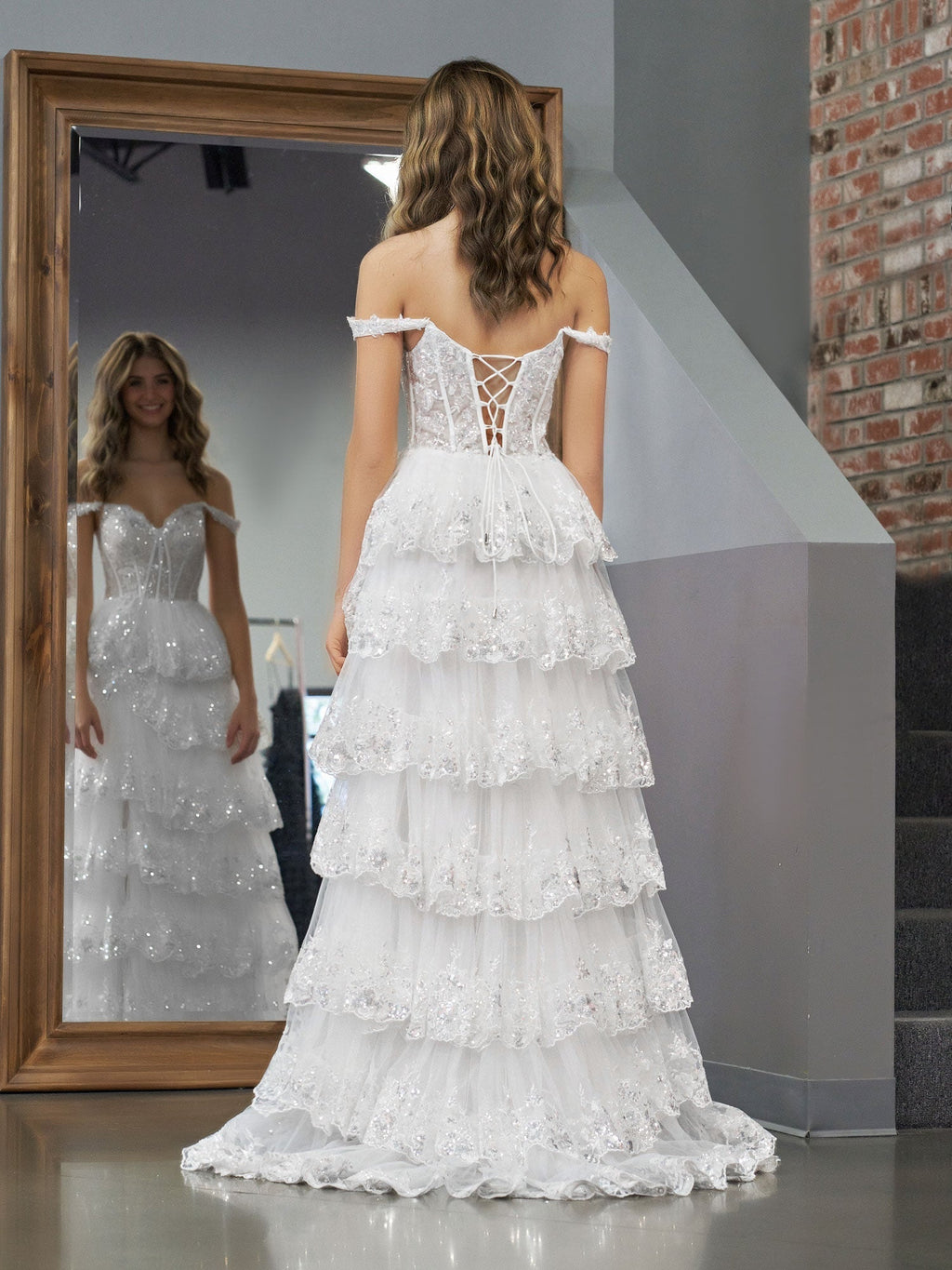 Princess A Line Off the Shoulder White Corset Prom Dress with Lace Ruffles