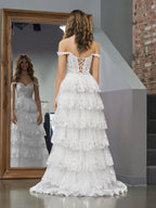 Princess A Line Off the Shoulder White Corset Prom Dress with Lace Ruffles