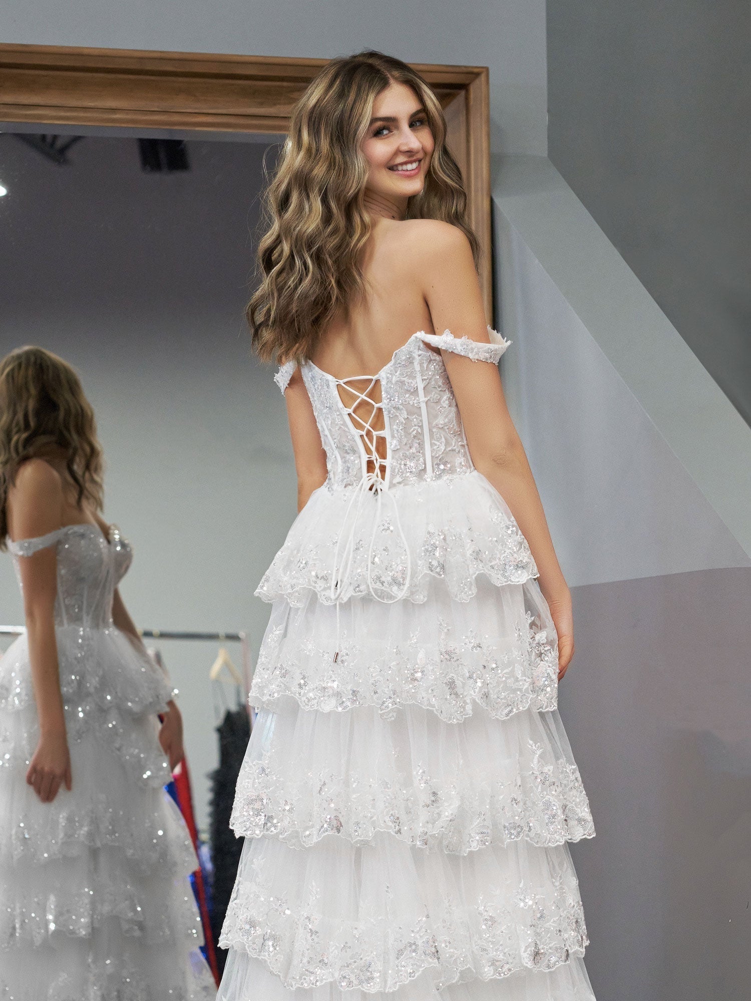 Princess A Line Off the Shoulder White Corset Prom Dress with Lace Ruffles