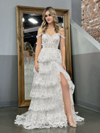 Princess A Line Off the Shoulder White Corset Prom Dress with Lace Ruffles