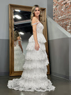 Princess A Line Off the Shoulder White Corset Prom Dress with Lace Ruffles