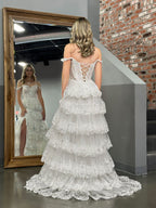 Princess A Line Off the Shoulder White Corset Prom Dress with Lace Ruffles