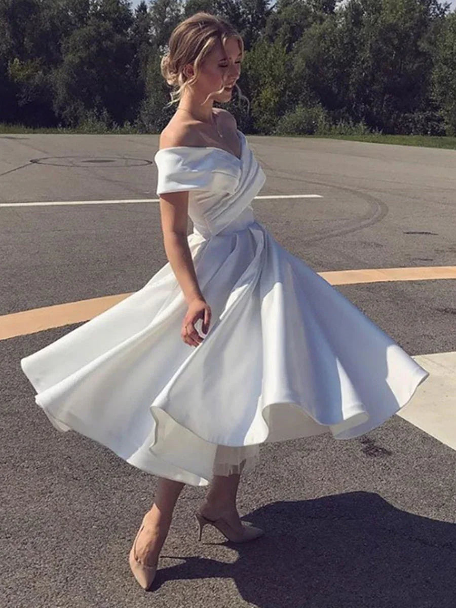 Short A-line Off the Shoulder Tea Length Satin Wedding Dresses