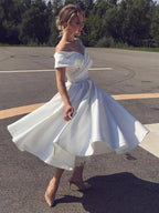 Short A-line Off the Shoulder Tea Length Satin Wedding Dresses