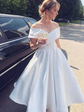 Short A-line Off the Shoulder Tea Length Satin Wedding Dresses