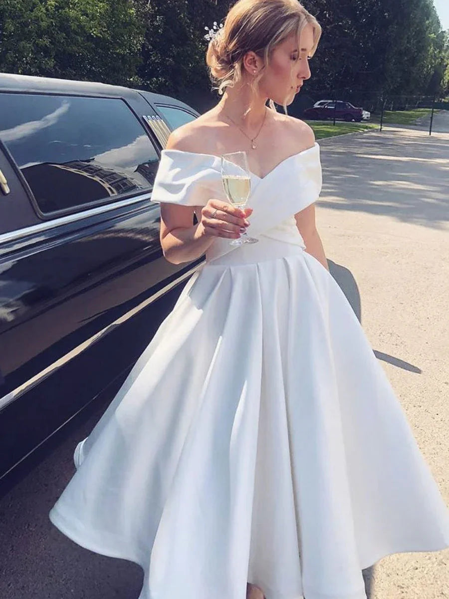 Short A-line Off the Shoulder Tea Length Satin Wedding Dresses