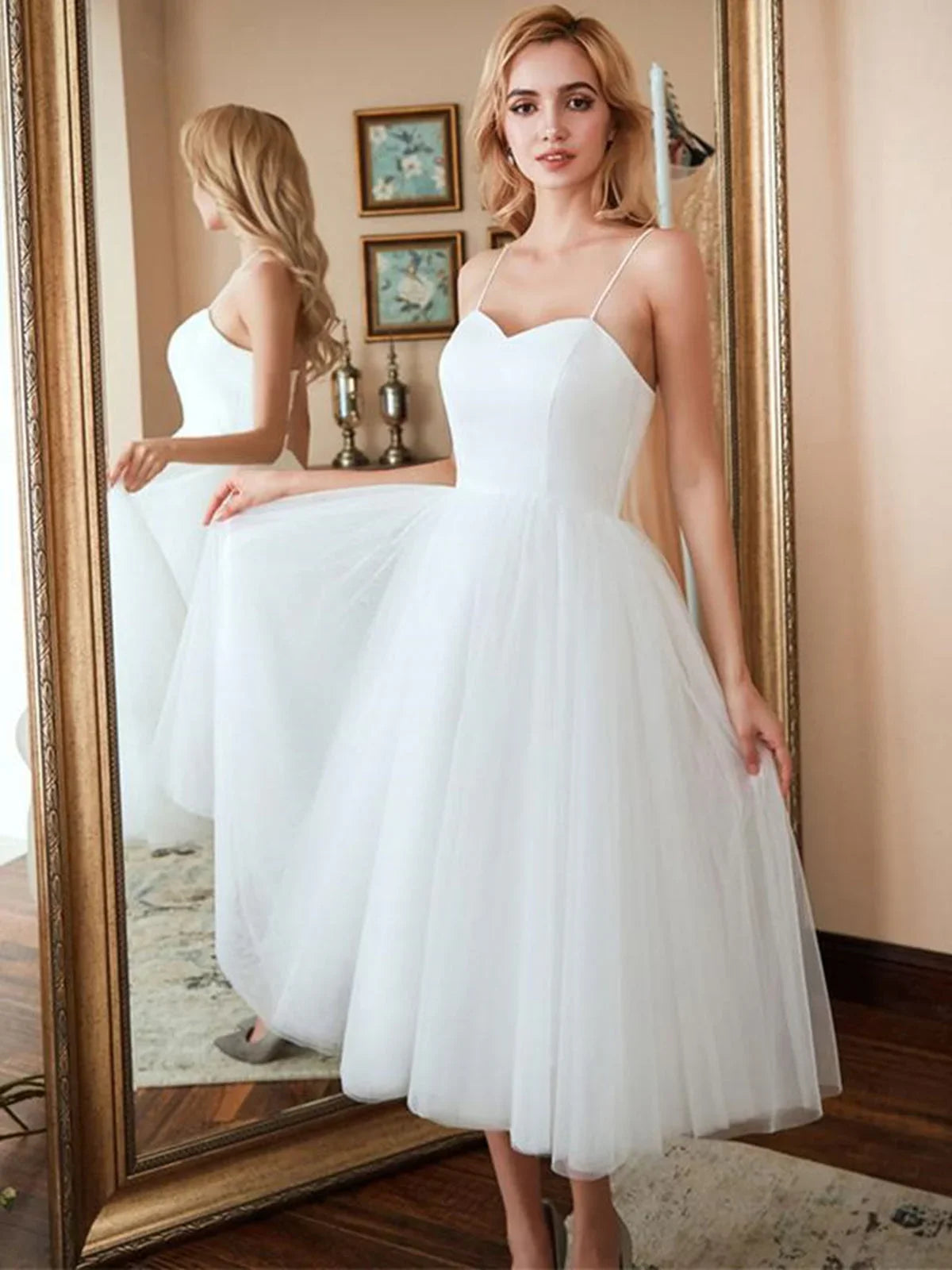 Short A-line Sweetheart Tulle Tea Length Wedding Dresses