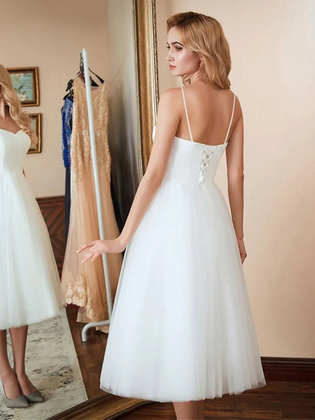 Short A-line Sweetheart Tulle Tea Length Wedding Dresses