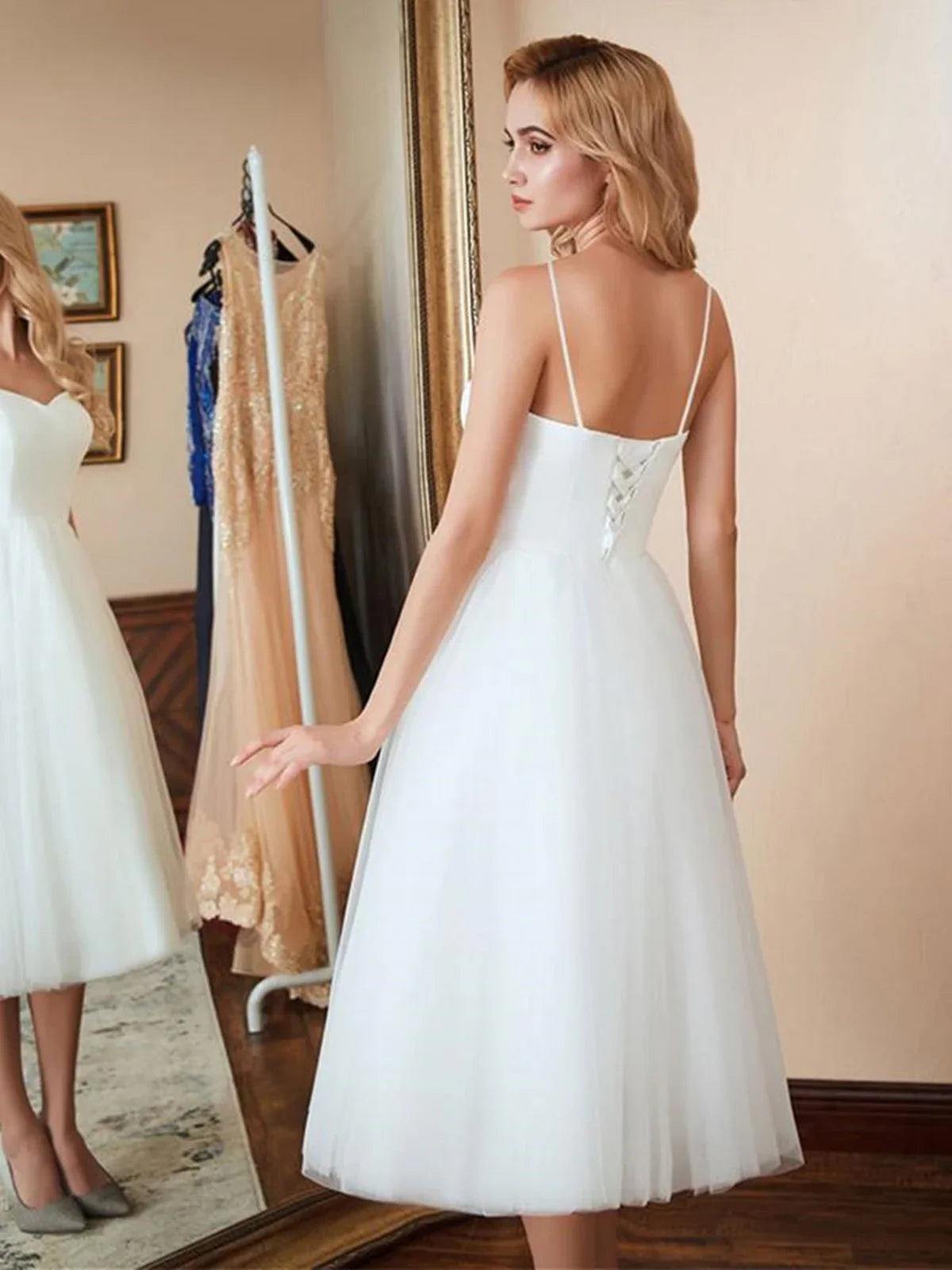 Short A-line Sweetheart Tulle Tea Length Wedding Dresses