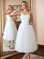 Short A-line Sweetheart Tulle Tea Length Wedding Dresses