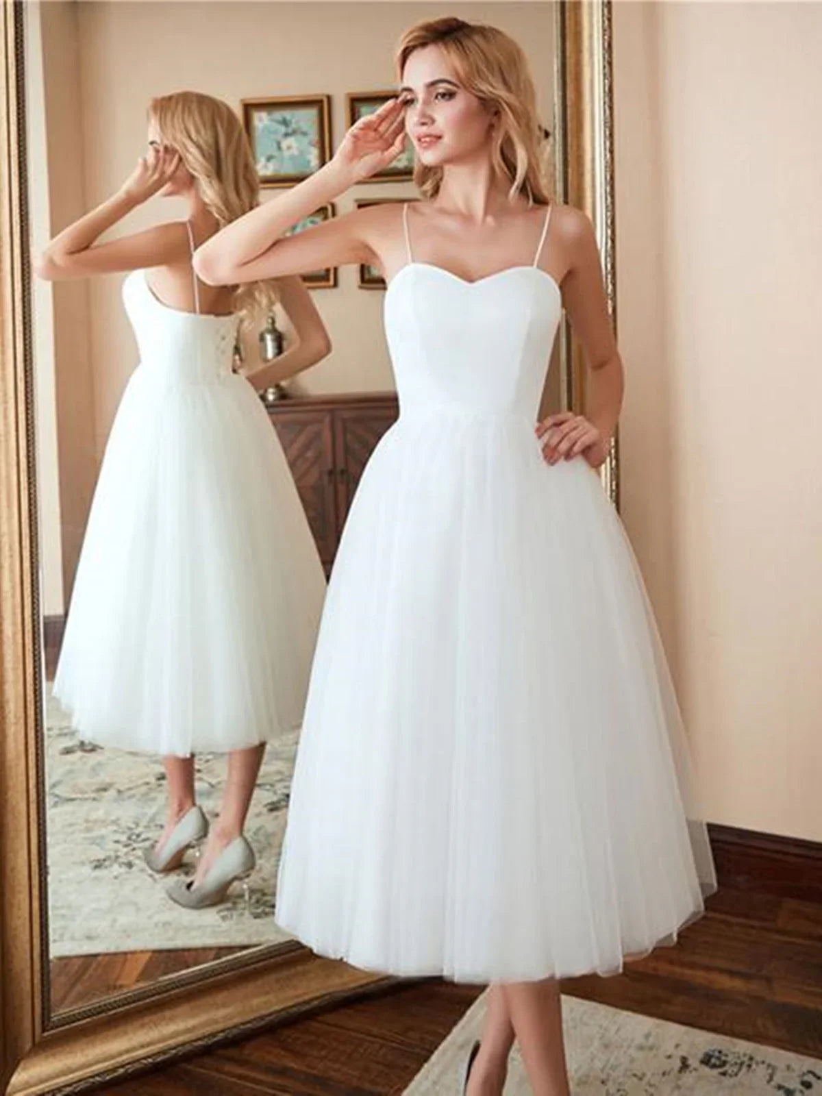 Short A-line Sweetheart Tulle Tea Length Wedding Dresses