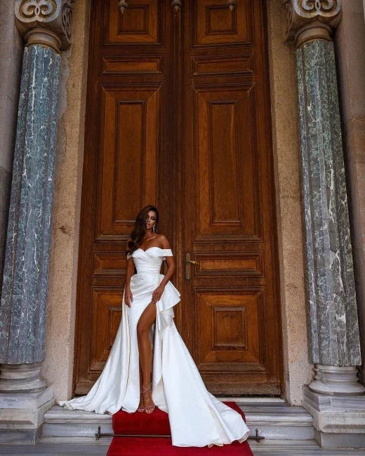 Simple A-line Off-the-shoulder satin wedding dresses