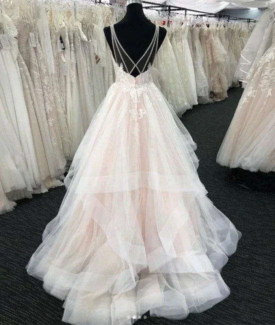 White Tulle V Neck Open Back Long Layered Wedding Dress