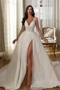 V-neck Sleeveless Sequined Split Wedding Dress With Train