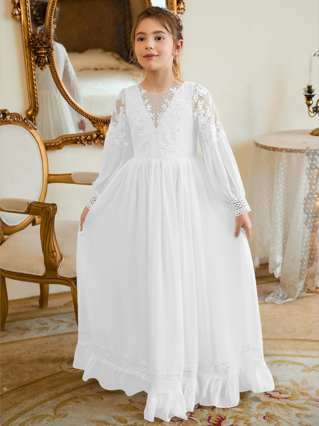 A-line Chiffon Floor-length Ivory First Communion Dress