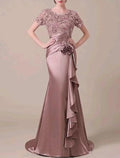 Mermaid / Trumpet Elegant Formal Evening Dress Jewel Neck Short Sleeve Sweep / Brush Train Lace with Ruched Ruffles Appliques