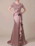 Mermaid / Trumpet Elegant Formal Evening Dress Jewel Neck Short Sleeve Sweep / Brush Train Lace with Ruched Ruffles Appliques