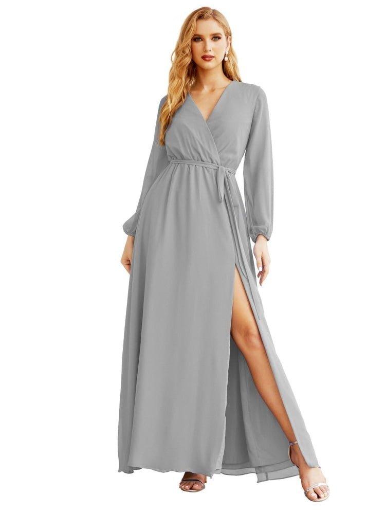 Women's Chiffon Bridesmaid Dress A line Long Sleeves Formal Evening Prom Gown for Wedding Guest SEA28032