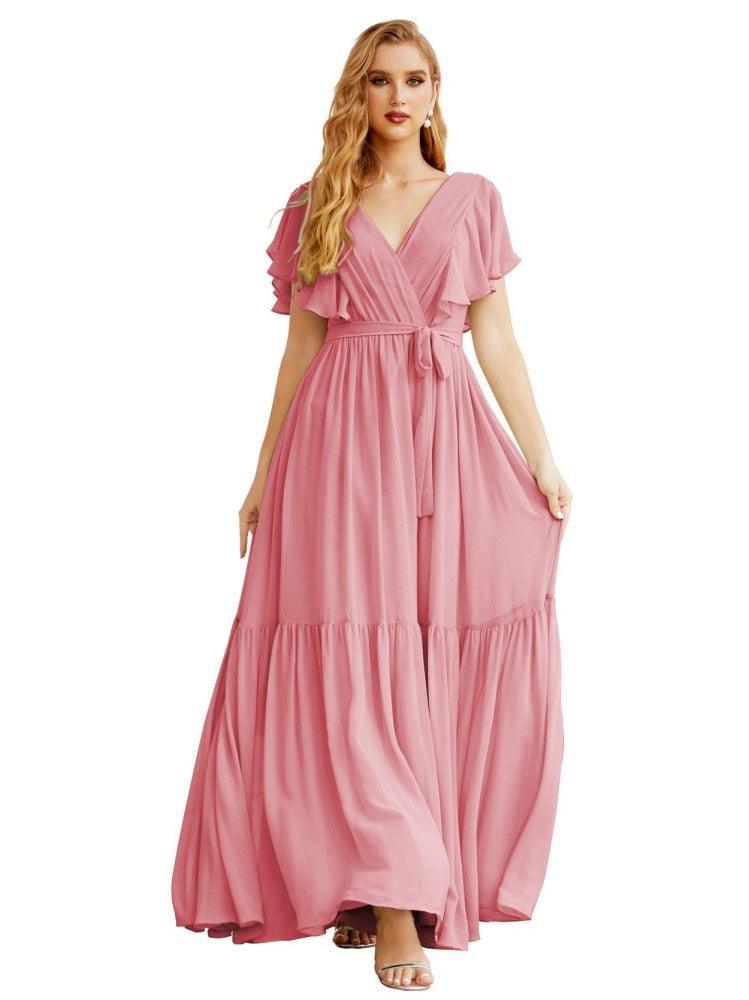 Women's Open Back Formal Evening Party Prom Gowns V-Neck Long Chiffon Bridesmaid Dresses with Waist Belt SEA28038