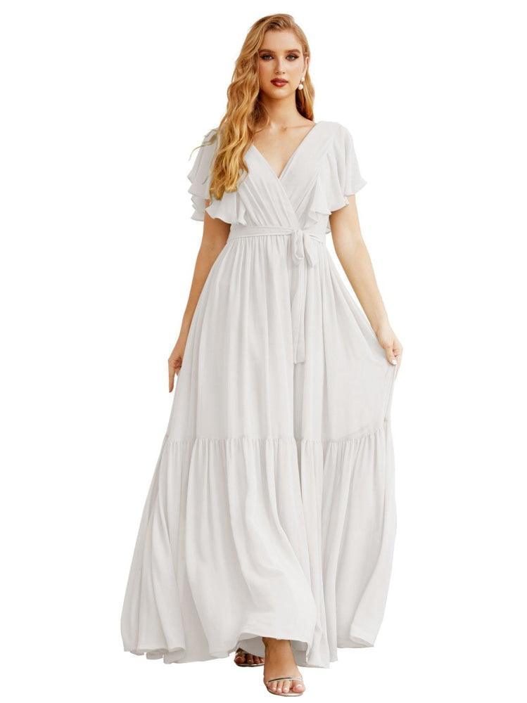 Women's Open Back Formal Evening Party Prom Gowns V-Neck Long Chiffon Bridesmaid Dresses with Waist Belt SEA28038