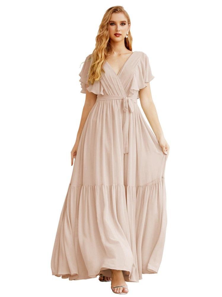 Women's Open Back Formal Evening Party Prom Gowns V-Neck Long Chiffon Bridesmaid Dresses with Waist Belt SEA28038