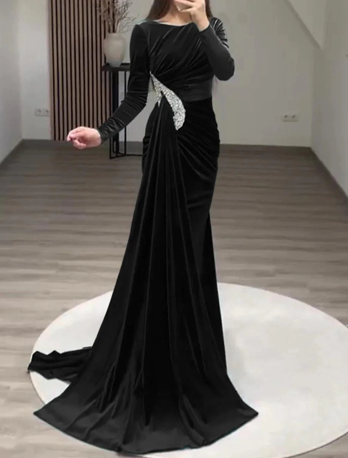 Sheath Evening Gown Vintage Black Dress Plus Size Formal Velvet Christmas Red Green Dress Floor Length Long Sleeve Off Shoulder Fall Wedding Reception with Rhinestone Slit