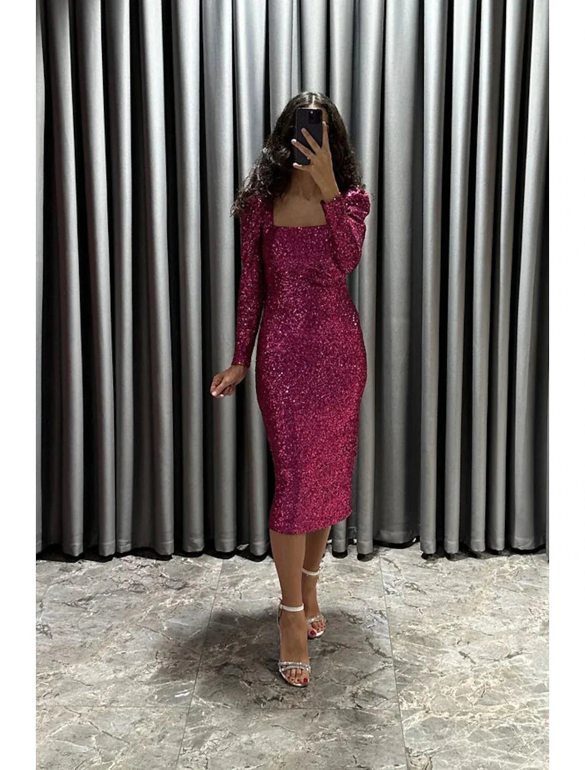 Sheath / Column Evening Gown Elegant Dress Formal Fall Tea Length Long Sleeve Square Neck Sequined with Glitter Slit