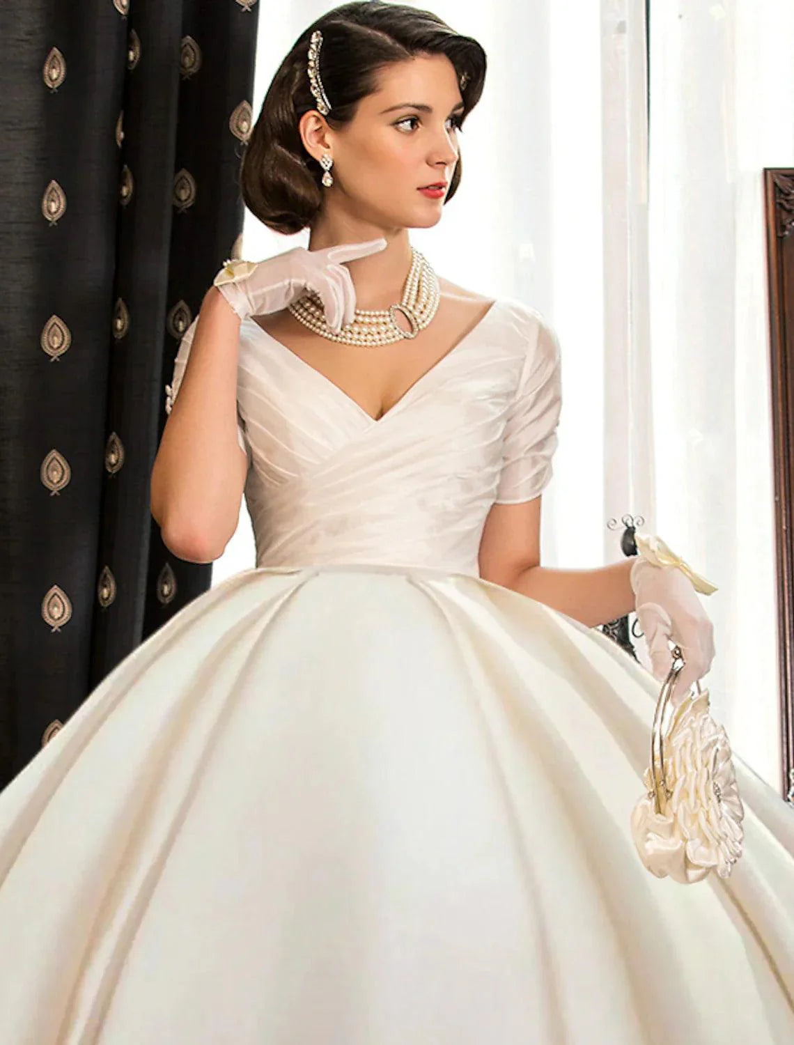 Engagement Formal Fall Wedding Dresses Ball Gown V Neck Short Sleeve Court Train Satin Bridal Gowns With Ruched Solid Color