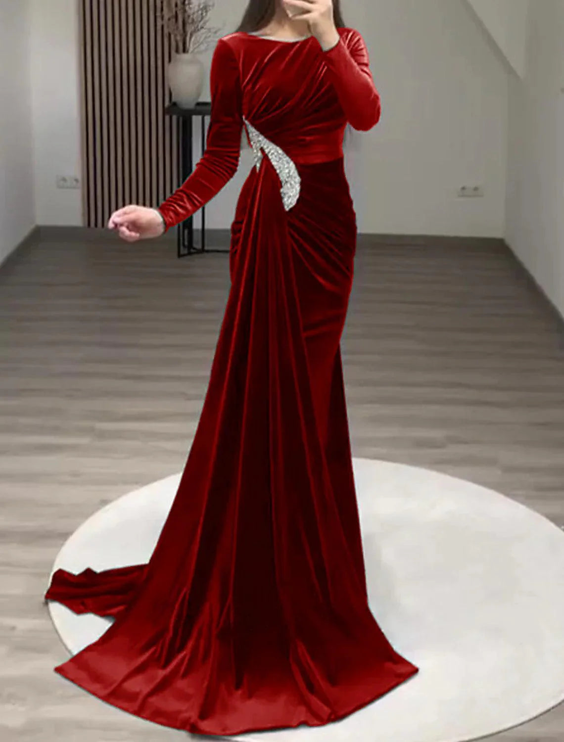 Sheath Evening Gown Vintage Black Dress Plus Size Formal Velvet Christmas Red Green Dress Floor Length Long Sleeve Off Shoulder Fall Wedding Reception with Rhinestone Slit
