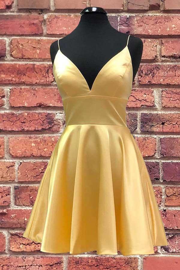 V Neck Satin Straps Homecoming Dresses Short Prom Dress