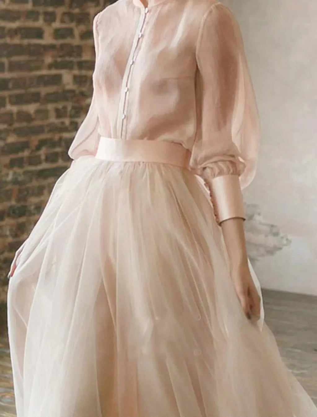 Numbersea Two Piece Empire Minimalist Wedding Guest Formal Evening Birthday Dress Stand Collar Long Sleeve Floor Length Chiffon with Tier