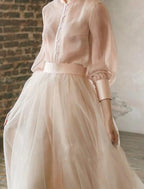 Numbersea Two Piece Empire Minimalist Wedding Guest Formal Evening Birthday Dress Stand Collar Long Sleeve Floor Length Chiffon with Tier